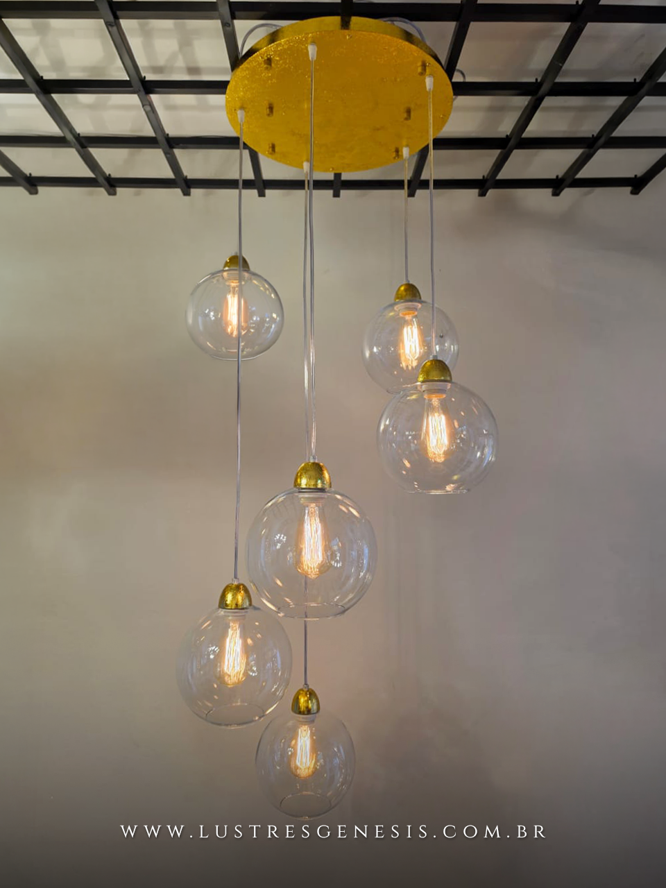 Pendente Sarvah Moderno Globo de Vidro Transparente Dourado Folhado Ouro Redondo, Sala de Jantar, Cozinha, Suite Maste